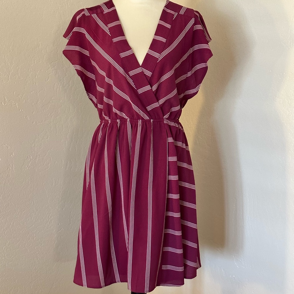Monteau faux wrap burgundy striped dress.